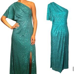 MAGGY LONDON Size 8 Green Sequin One Shoulder Draped Sleeve Midi Dress NWT